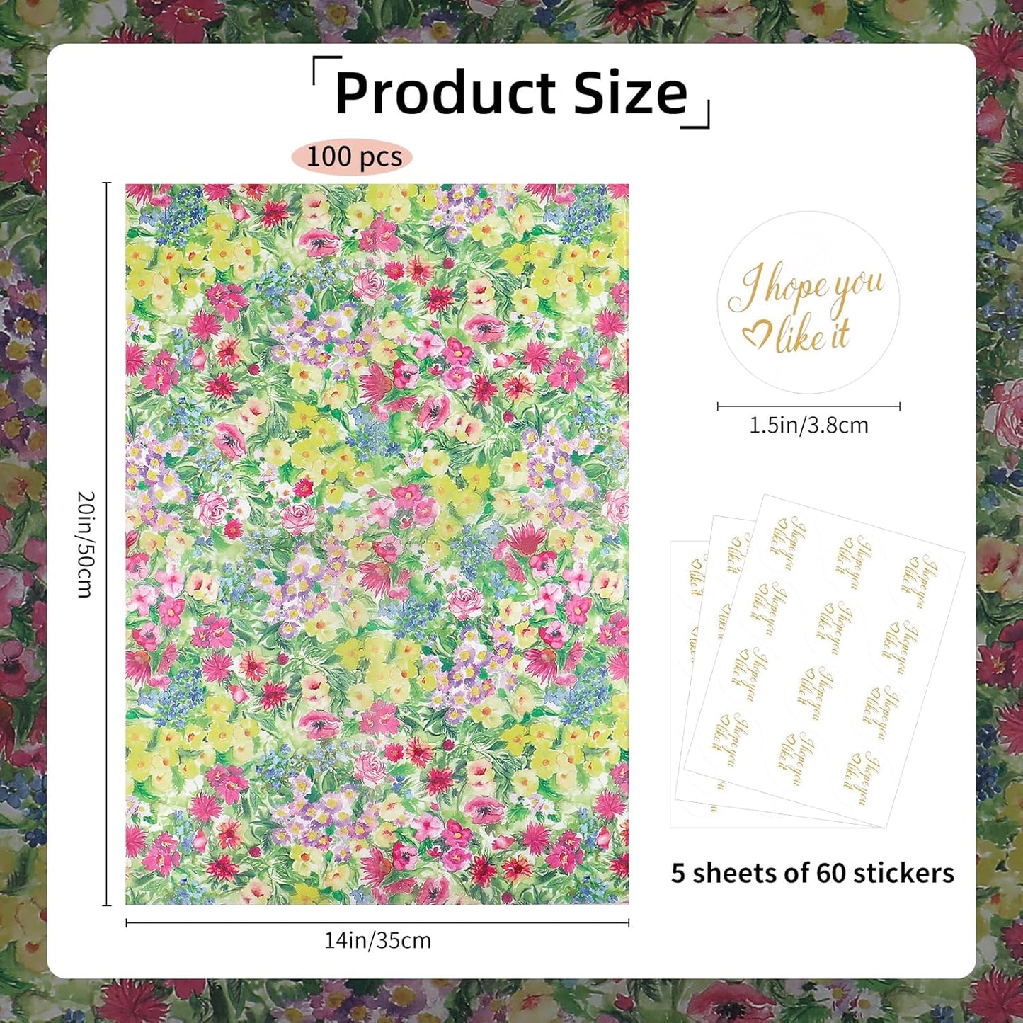 100 Sheets Oil Painting Style Floral Tissue Paper with Stickers,20x14 Inch Botanical Gift Wrapping Paper for Birthday, Wedding, Baby Shower, Bridal Shower, DIY Crafts and Party Favors
