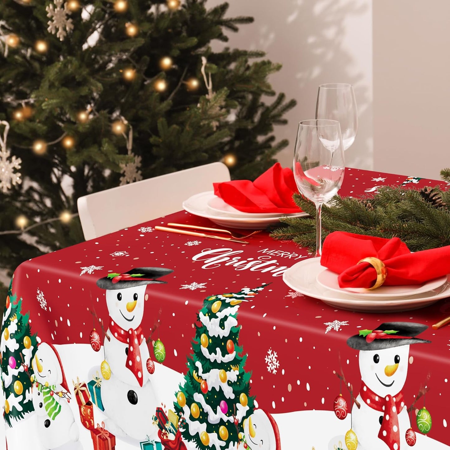 QZYL 6 Pack Christmas Tablecloths, 54" x 108" Holiday Rectangle Tablecloth, Snowman Design Holiday Plastic Table Cloth Disposable Tablecover, Christmas Party Supplies Xmas Home Decor