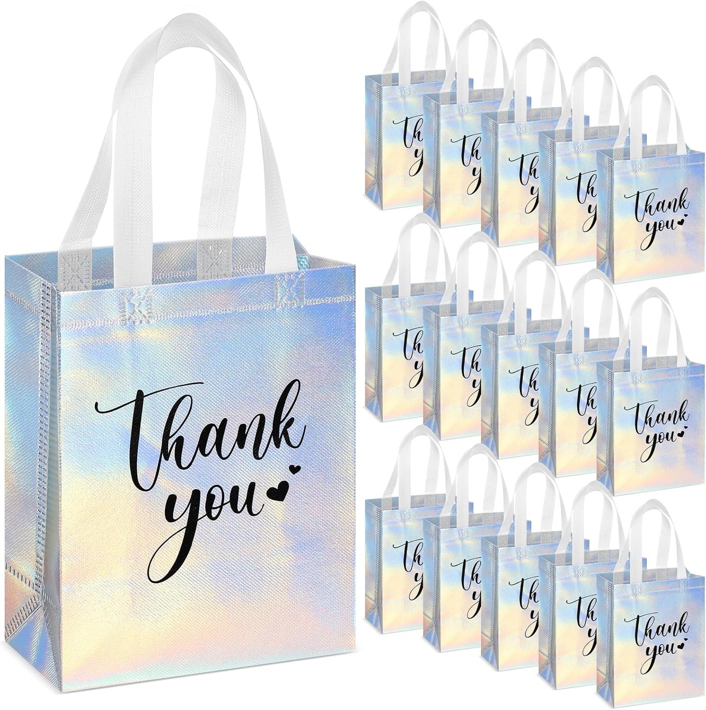 Sweetude 30 Pcs Thank You Gift Bags with Handles Bulk Reusable Goodie Bag Non Woven Foldable Handbag for Graduation Wedding Bridesmaid Gifts(10 x 8 x 4 Inch,Laser)