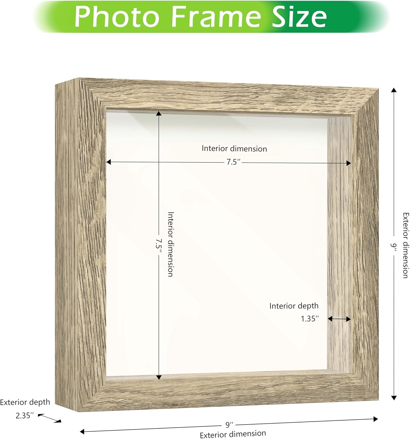 FrameWorks 8x8 Driftwood Wooden Shadow Box Frame – Soft Felt Back, Tempered Glass, and Included Elegant White Ball Push Pins