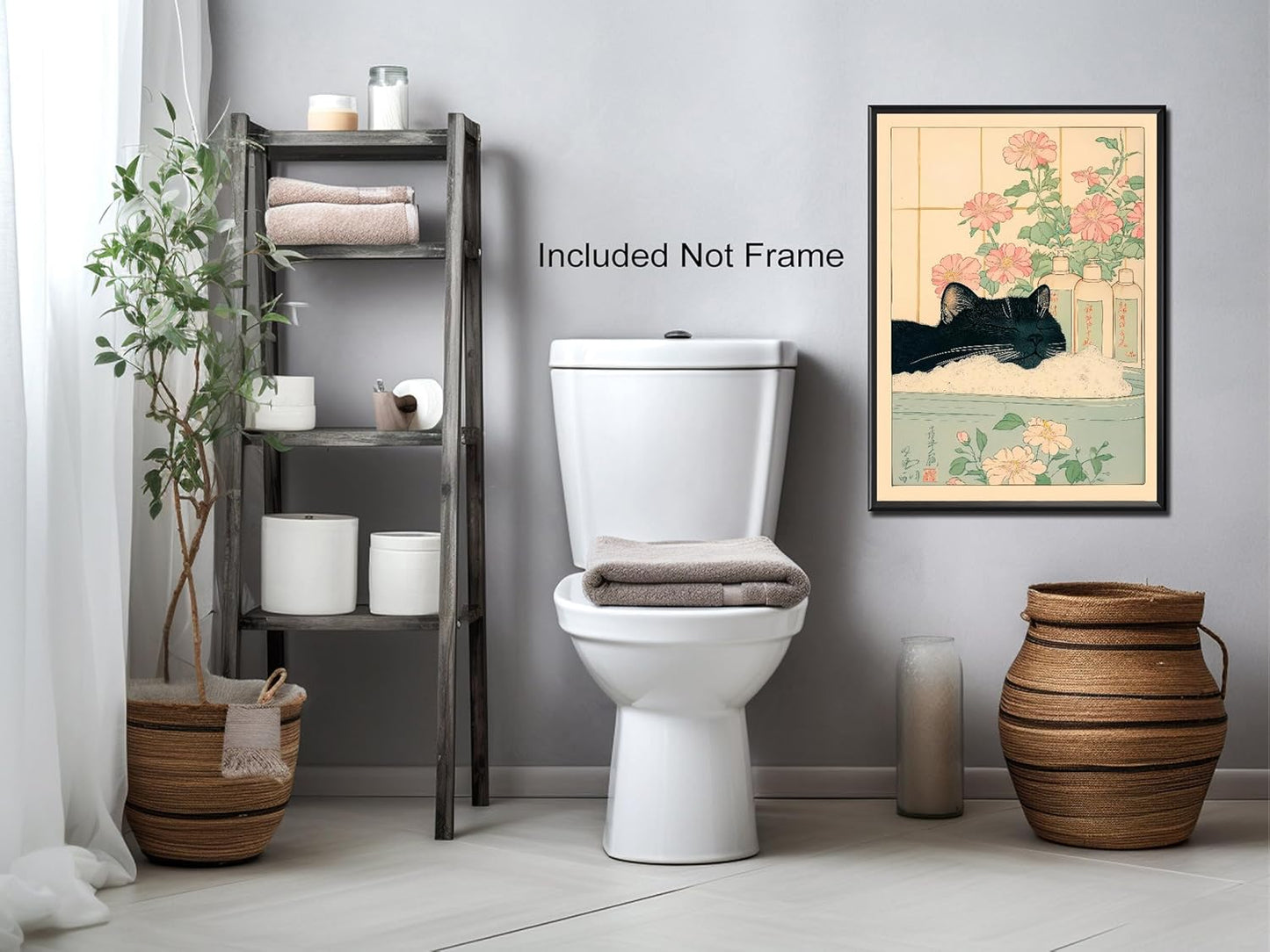 Vintage Black Cat in The Bathtub Posters Funny Bathroom Wall Art Cute Animal Lover Canvas Prints Japanese Aesthetic Neutral Minimalist Wall Decor for Restroom Toilet 24x36in Unframed