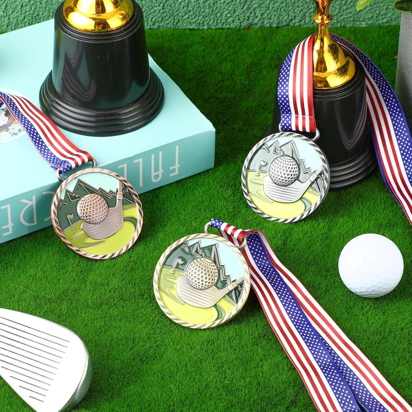 6 Pcs Golf Color Medal Gold Silver Bronze Golf Ball Award Medals with Neck Ribbon for Kids Adults Sports Tournament