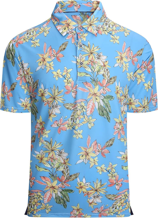 Alex Vando Mens Hawaiian Golf Shirt Moisture Wicking Digital Print Golf Shirts for Men