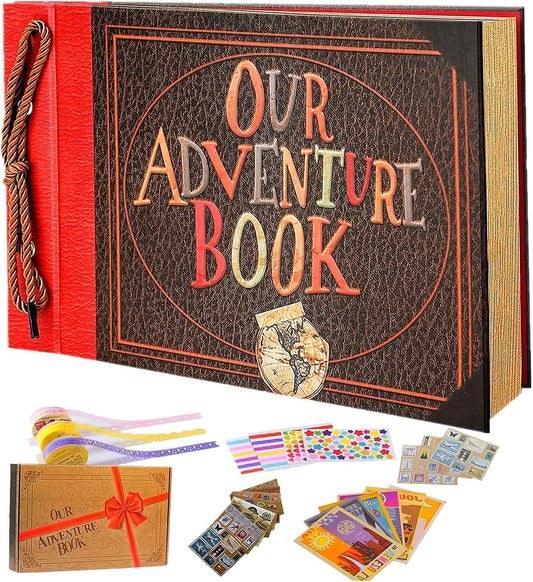 Adventure Book Scrapbook DIY Handmade Retro Style Travel Souvenir, 11.92 x 7.62" Embossed Lettering Scrapbook Inspired by 'Up', Memory Book For Anniversary Wedding,Travelling,Valentine's Day Gifts