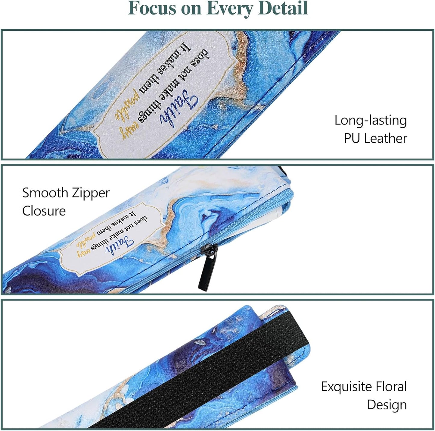 MoKo Elastic Pen Holder for Notebook, 4 Pieces PU Leather Pencil Case with Adjustable Band, Stationery School Supplies Zipper Bag for Planners, Journals, Book, Marble Patterns