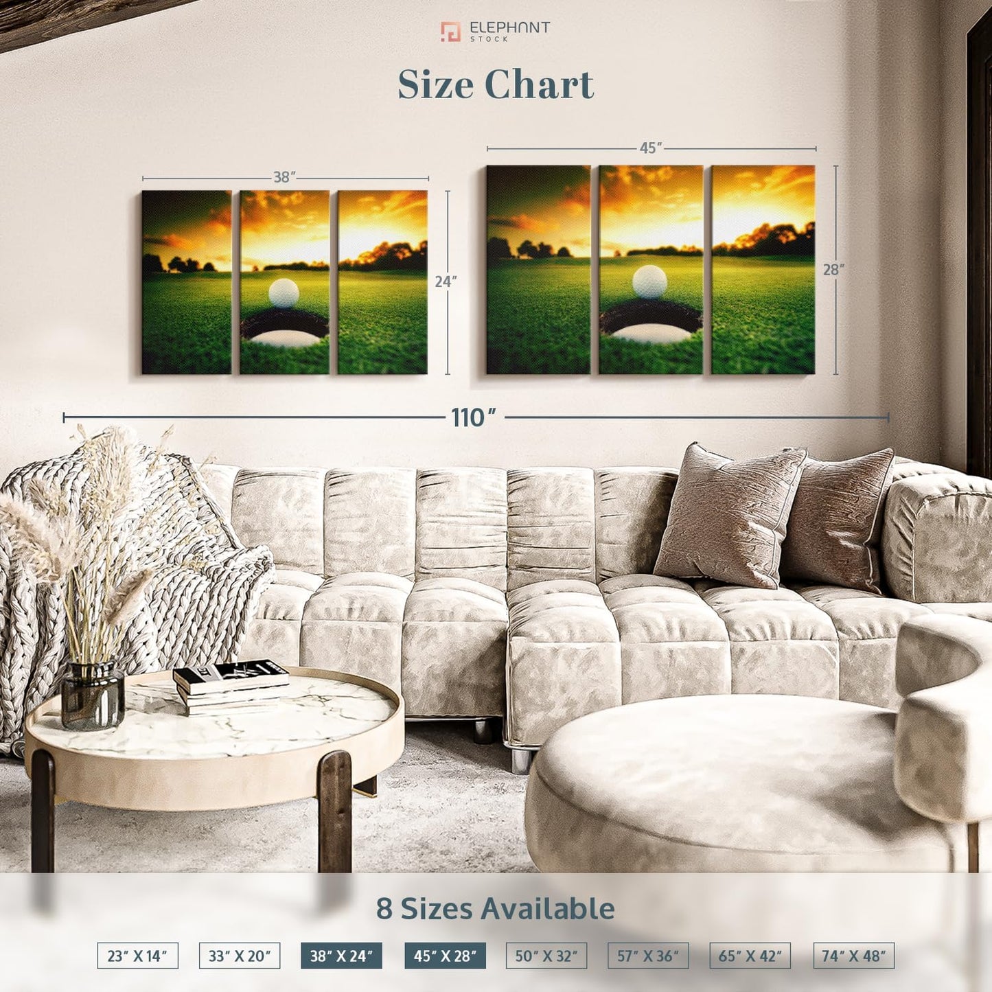 ElephantStock Golf Ball Wall Art - Horizontal Canvas - 3-Piece Living Room Wall Decor - Photography Sports Canvas Print - Orange and Yellow Decor for Wall - 45" X 28"