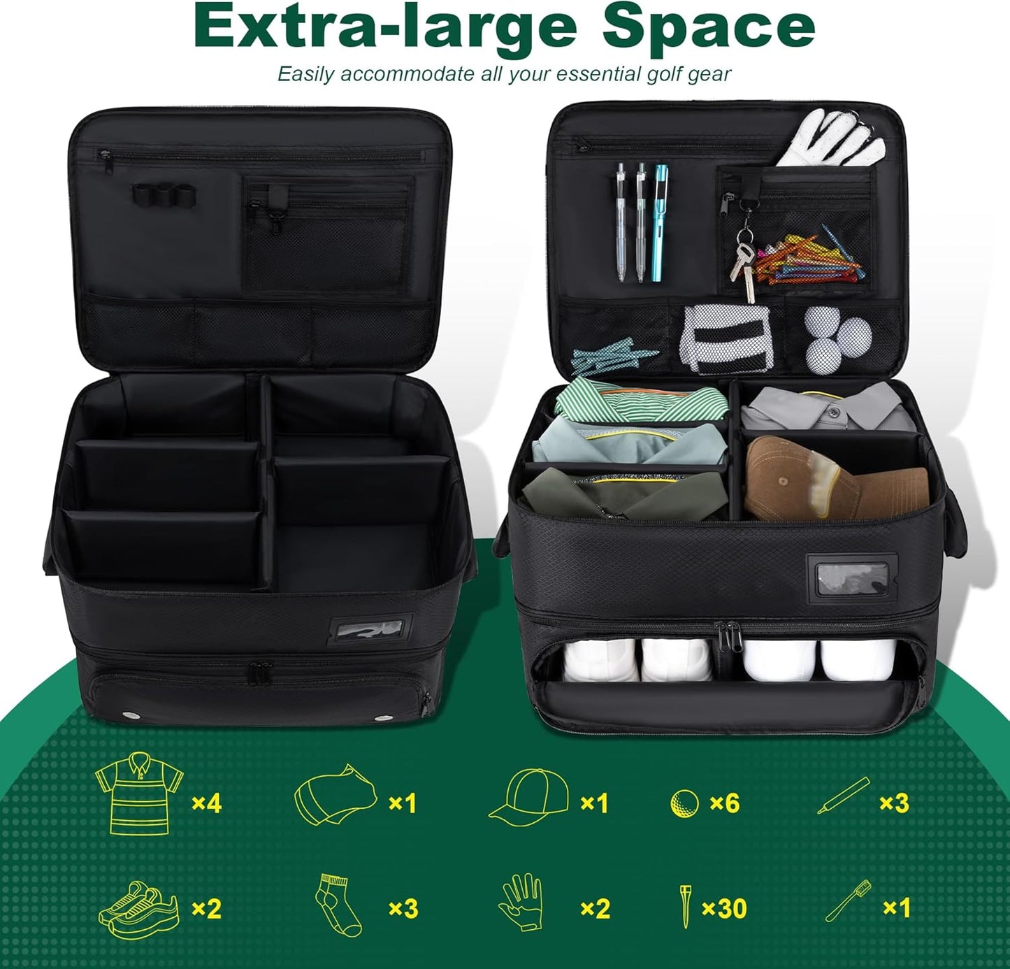 HIMAL HIMAL 2 Layer Golf Trunk Organizer, Golf Gifts for Men with Separate Ventilated Compartment, 2-Pair Capacity, Waterproof SUV Car Locker for Balls, Tees, Clothes, Gloves, Accessories, Golfer Gift