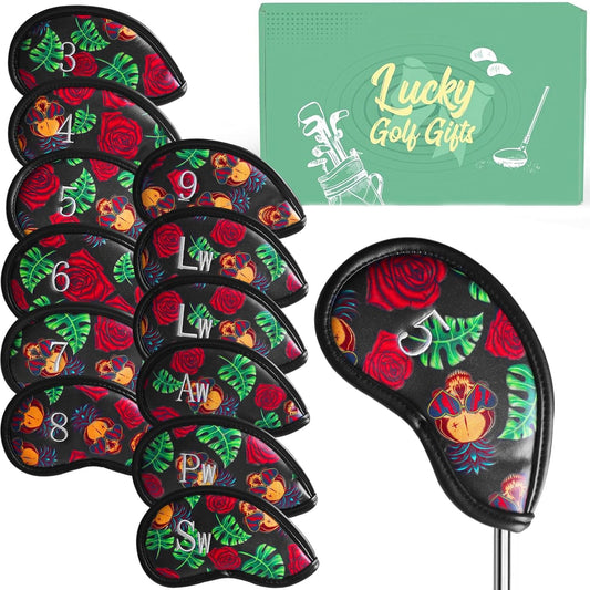 Golf Club Covers Iron Value 12 Pack Stylish Synthetic Leather Headcover, Embroidery Numbers Head Covers Universal Protector Fit Main Iron Wedge Clubs, Accessories Travel for Men Women