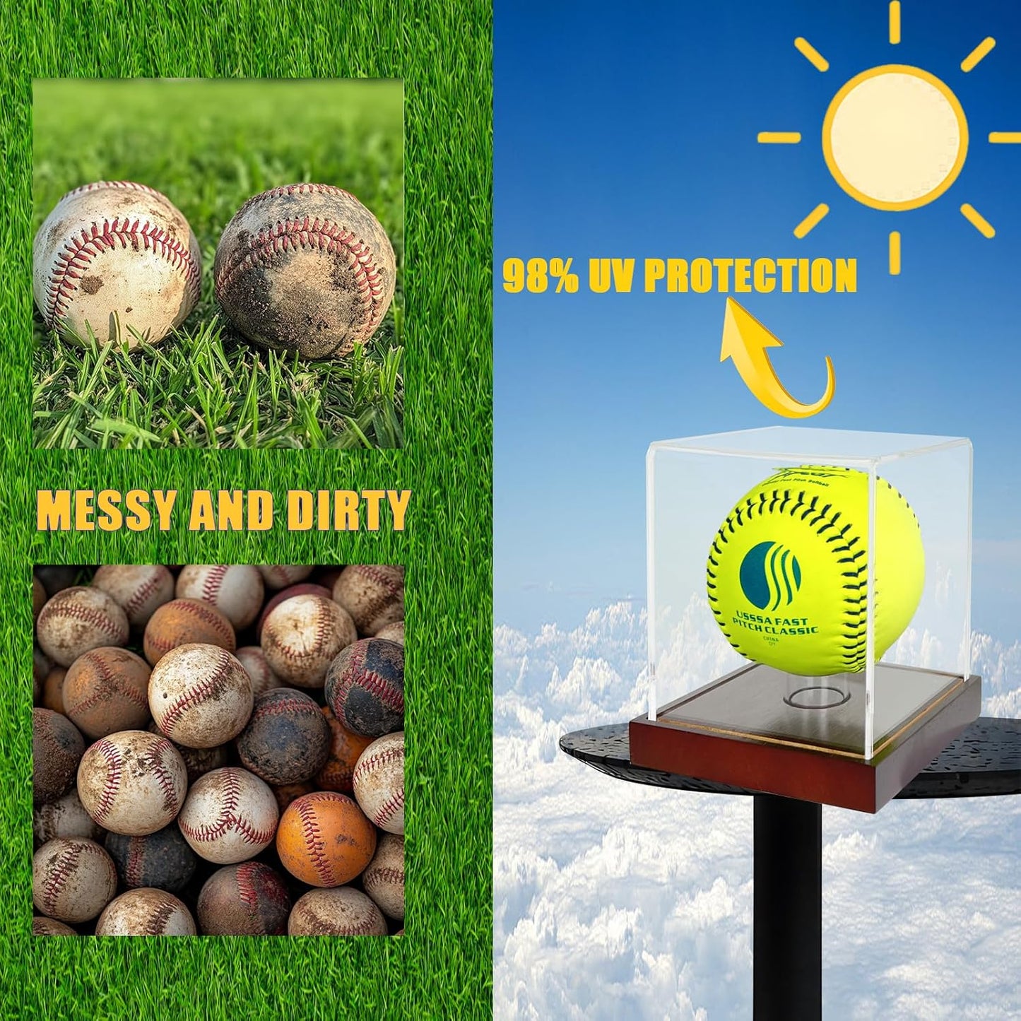 Softball Display Case,Clear Acrylic Ball Display Holder for 12 inch Softball,UV Protected Cube with Wood Base Stand for Tennis Ball Baseball Golf Ball,Championship Sport Collection Box Showcase