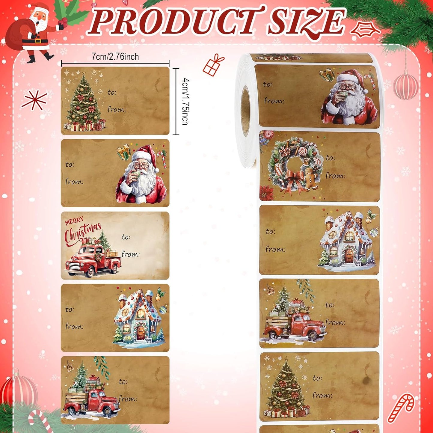 Outus 500 Pieces Christmas Tags Self Adhesive Gift Tags for Xmas Presents Christmas Name Labels Stickers for Wrapping Paper Festival Birthday Holiday Decor(Old Fashioned Style,2.76 x 1.57 Inch)