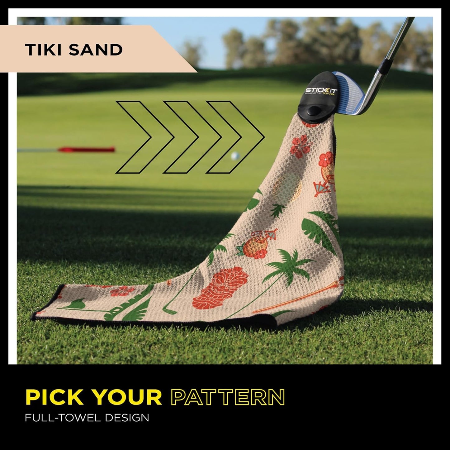 STICKIT Magnetic Sandy Tiki Golf Towel | Top-Tier Microfiber Golf Towel with Deep Waffle Pockets | Industrial Strength Magnet for Strong Hold to Golf Carts or Clubs