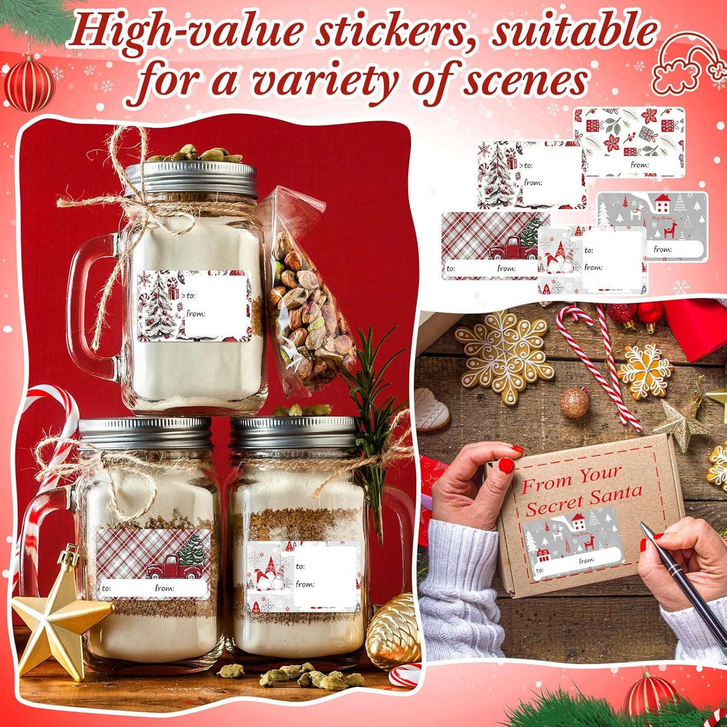 Outus 500 Pieces Christmas Tags Self Adhesive Gift Tags for Xmas Presents Christmas Name Labels Stickers for Wrapping Paper Festival Birthday Holiday Decor(Country Style,2.76 x 1.57 Inch)