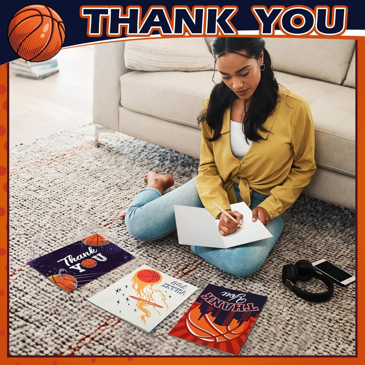 6 Pack Jumbo Thank You Card for Coach with Envelopes 8.5x11 Inch Thank You Cards Gifts from the Team Group Sports Themed Greeting Cards for Teacher Appreciation Gift(Basketball)