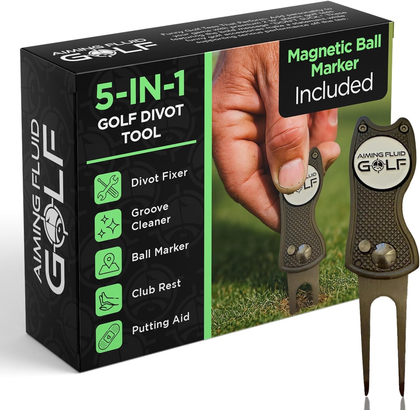 Golf Divot Repair Tool — 5-in-1 Golfing Ball Marker, Pitch Mark Repair, Putting Alignment, Club Tee, and Groove Cleaner, Accessory Metal Switchblade Design - Ideal Gift for Golfers