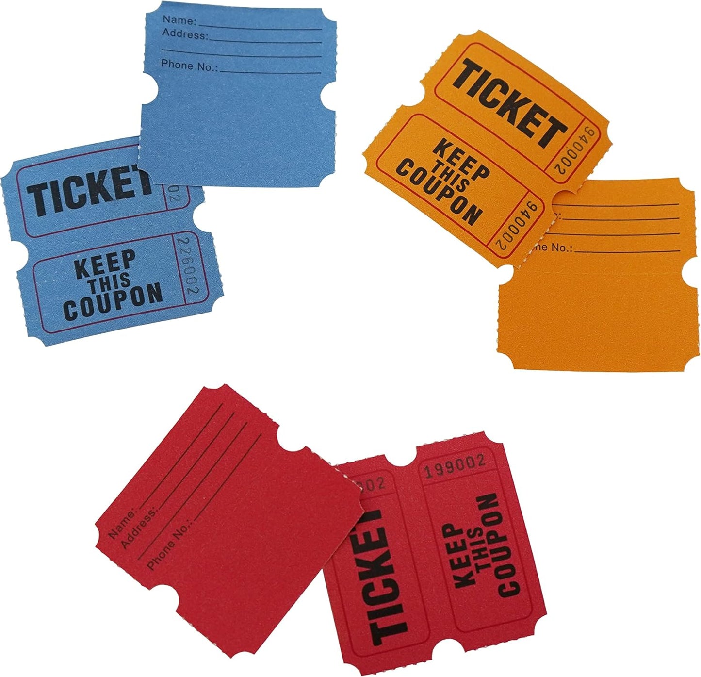 DNB 3000 Pairs Raffle Tickets - 3 Color Set of 1000 2 x 2 Inch 50/50 Double Roll Raffle Tickets - Red/Blue/Orange
