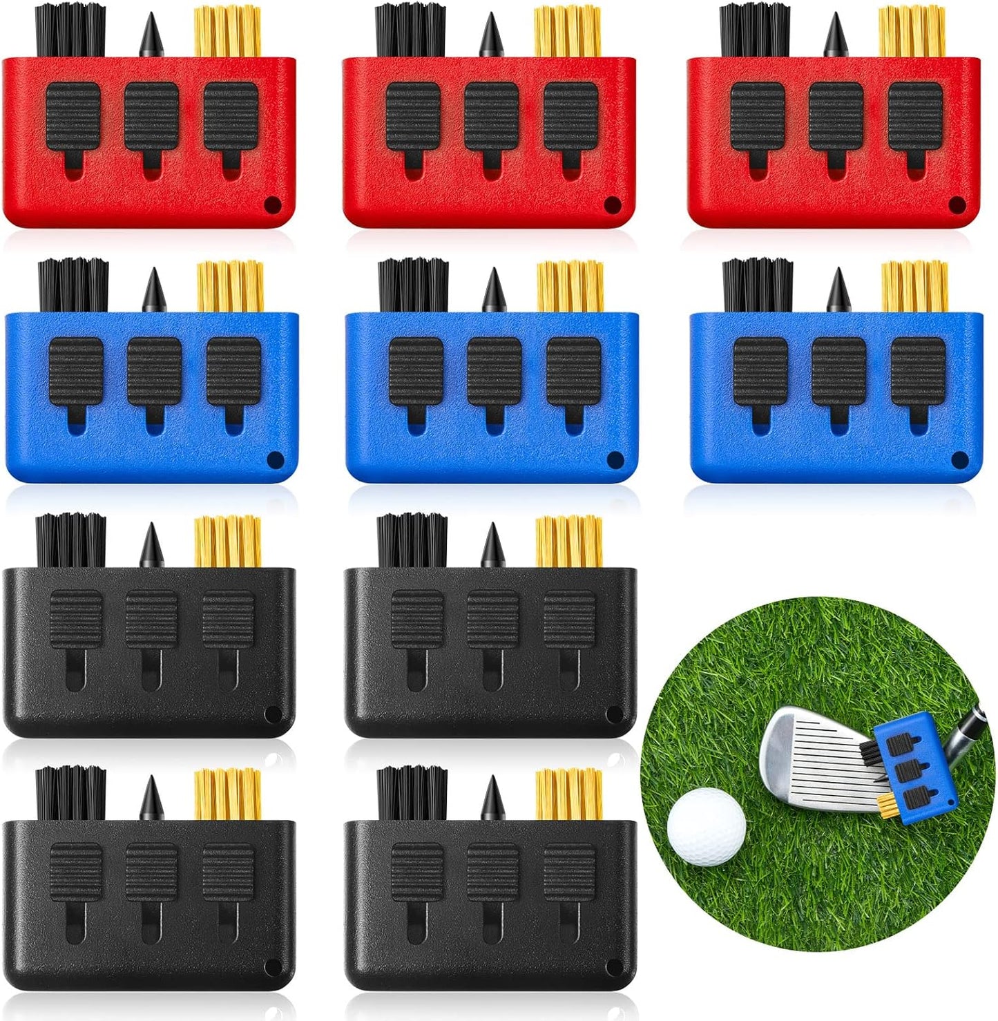 Nuanchu 10 Packs 3 in 1 Retractable Multiple Use Golf Club Cleaner Tool Portable Golf Club Brush Cleaning Kit with Groove Sharpening Tool, Pocket Size