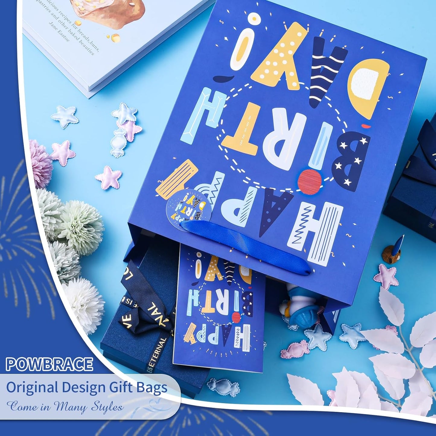 13" Blue Happy Birthday Bag with Tissue Paper and Greeting Card for Party,Happy Birthday Gift Bag for Kids, Boys, Girls, Baby Boy,Men Women,Gift Bags Medium size (2 PCS Blue, Kids Gift Bag)