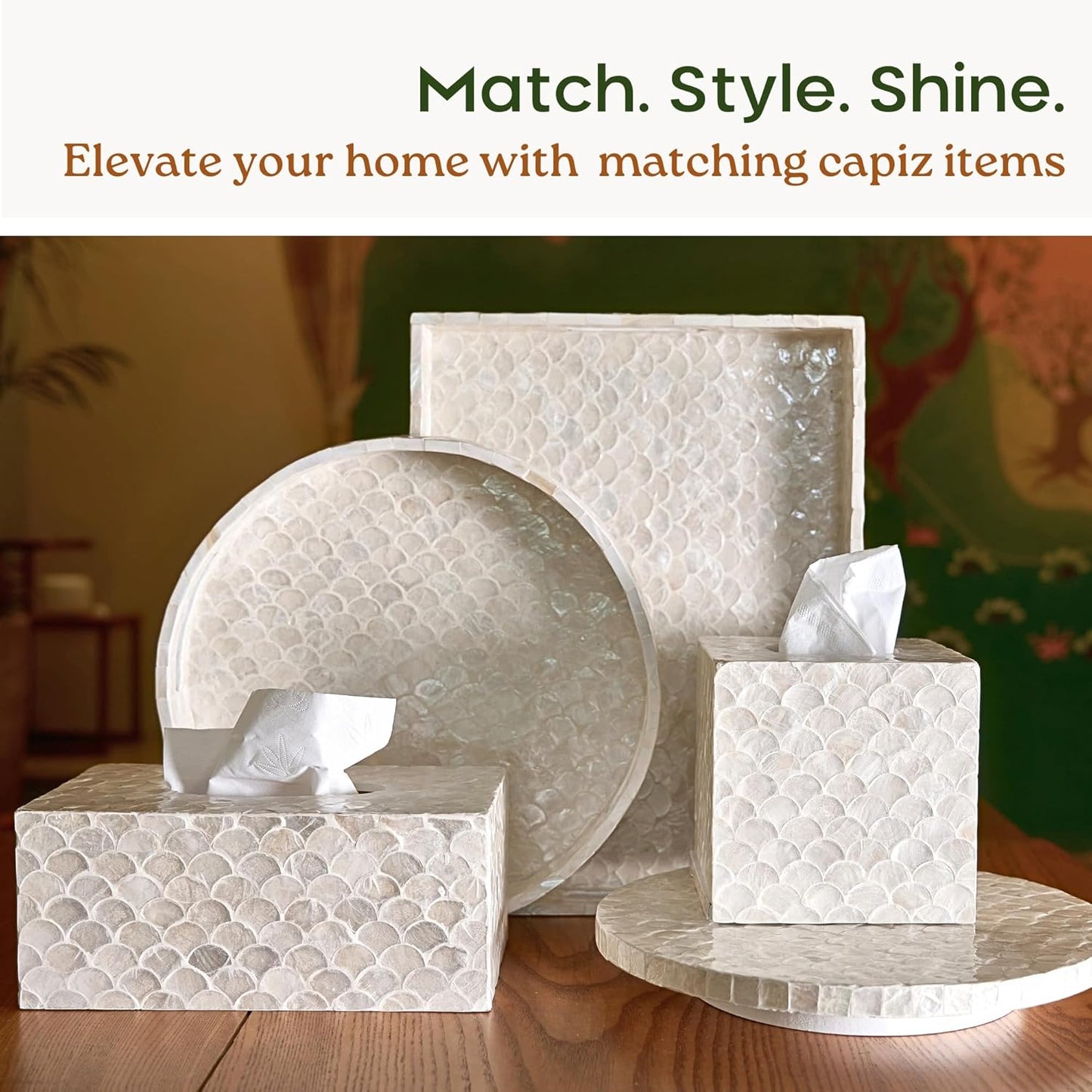 Rectangular Capiz Tissue Box Cover, Decorative Mother of Pearl Inlay Tissue Box Holder for Bedroom, Bathroom, Kitchen, and Office, Rectangle Tissue Box Cover White (10.25” x 5.9” x 4.33”)