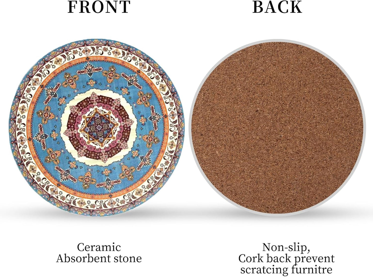 Coasters Absorbent Ceramic Coaster Drink Coasters with Cork Back Persian Pattern Set of 6 Round Coaster Non Slip for Coffee Table Wine Glass Home Bar 4 Inch, Colorful