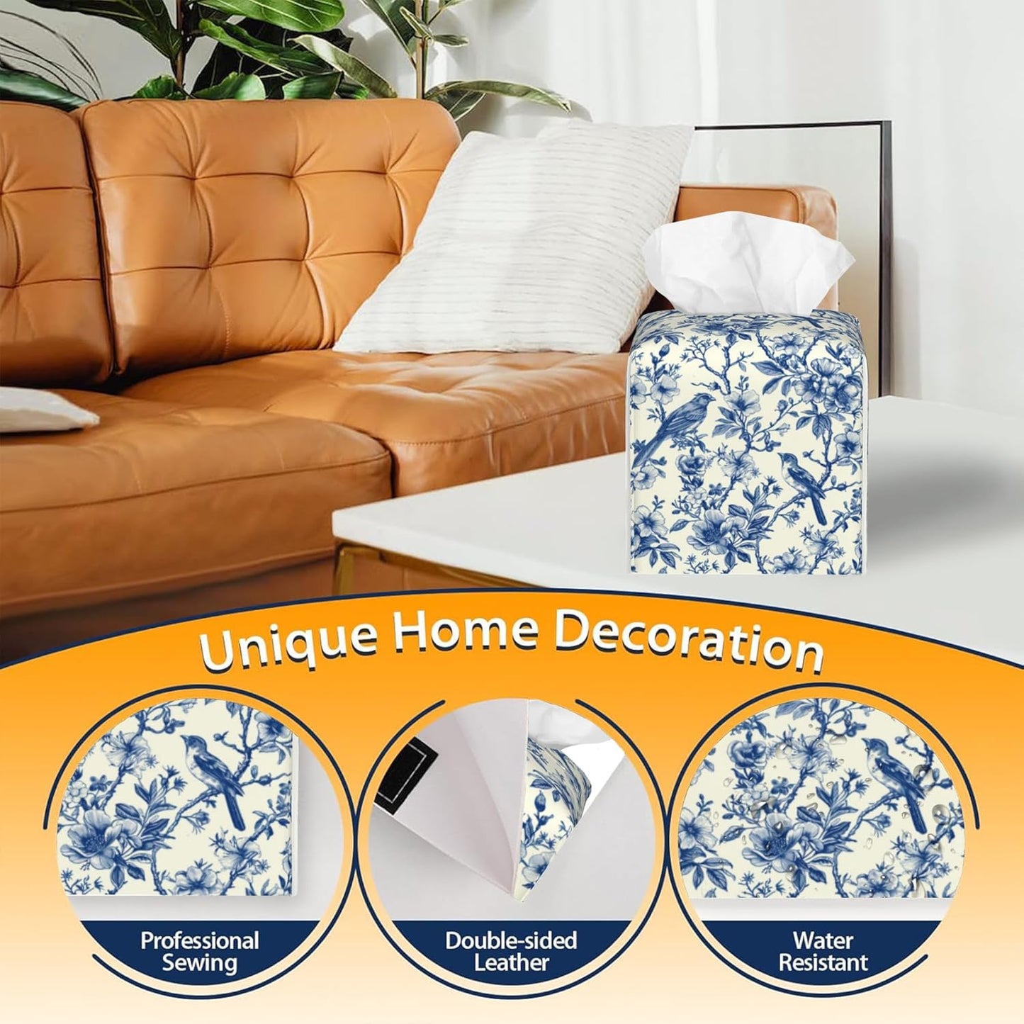 Tissue Box Cover Square,Vintage Floral and Blue Bird Tissue Box Holder Waterproof Leather Facial Paper Case Modern Home Decoration for Bedroom Dresser Night Stand Office Desk