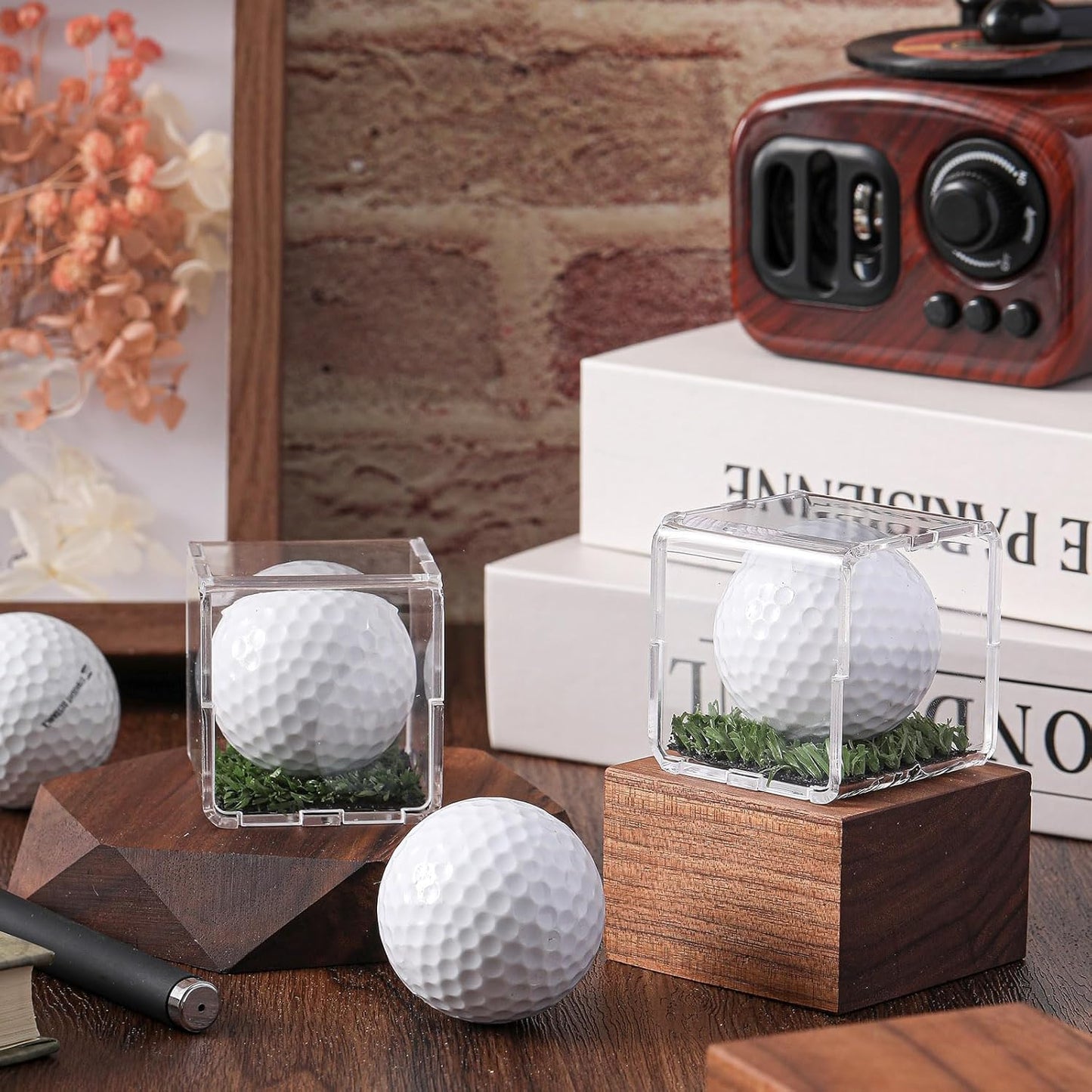 Tioncy 6 Pcs UV Protected Golf Ball Holder Display Case with Turf 2x2 x2 Inch Clear Acrylic Golf Ball Hole in one Stand Display Case Storage Box for Memorabilia Autograph Souvenir Collection