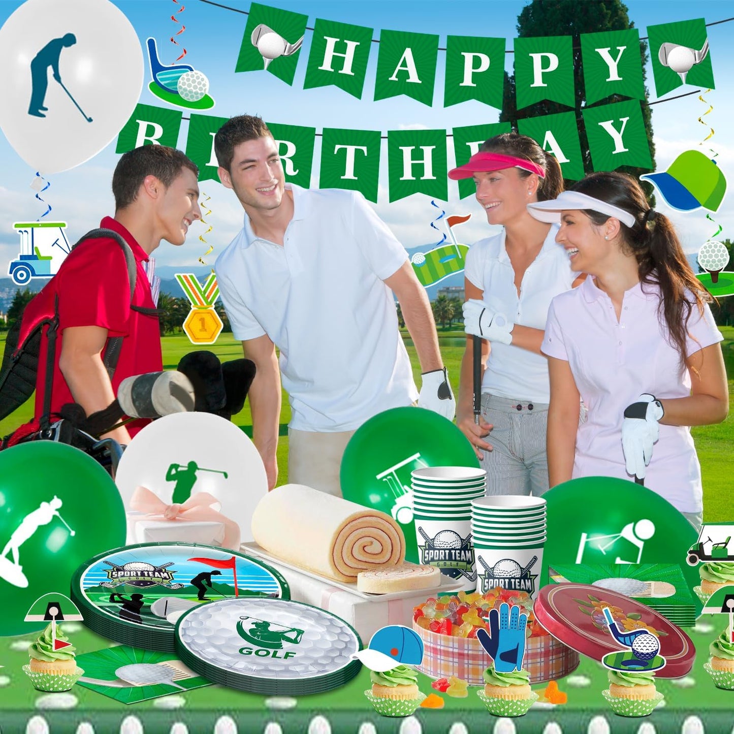159pcs Golf Birthday Party Decorations Supplies, 16 Guests Golf Party Tableware Set Golf Birthday Banner Balloons Sport Party Plates Napkin Tablecloth etc