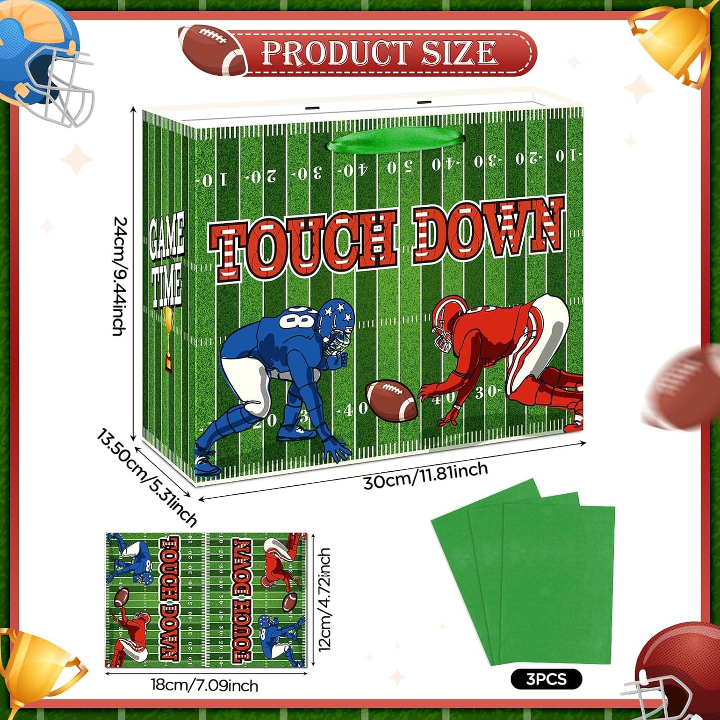 Football Party Gift Bag, Green Football Gift Wrap Bag with Tissue Paper Card Decorations for Sports Party Favor Touchdown Birthday Goodie Gifts Wrapping Bags for Boys Men Team Baby Shower Supplies