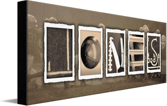 FOOTBALL Personalized Name Art Decor print for man cave, boys room, or office! (10"x30" Stretched Canvas - VINTAGE)