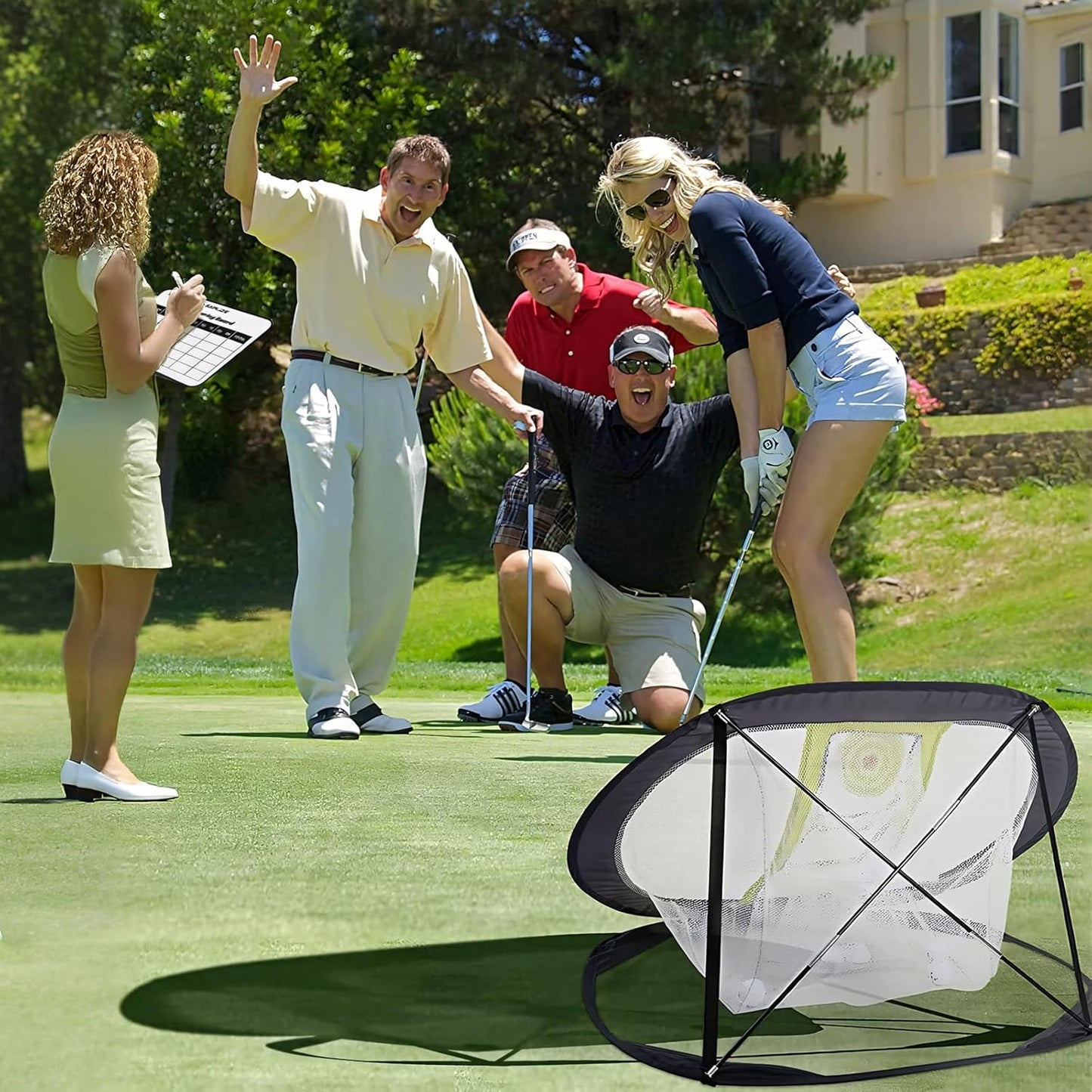 SAPLIZE Ultra-Stable Golf Chipping Net Set with Pop-Up Target, Tri-Turf Mat, Foam Practice Balls, Tees and Scoring Board for Indoor and Outdoor Chipping Accuracy and Swing Training