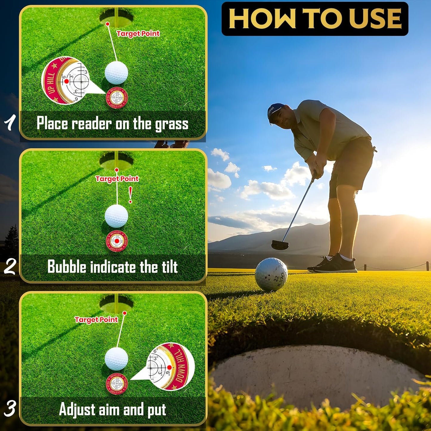 GOLD'N GOLF Pro Golf Green Reader, Level Golf Accessories for Men and Women, Golf Ball Marker, Putting Green Reading aid, Beautiful Gift for Golf Lovers