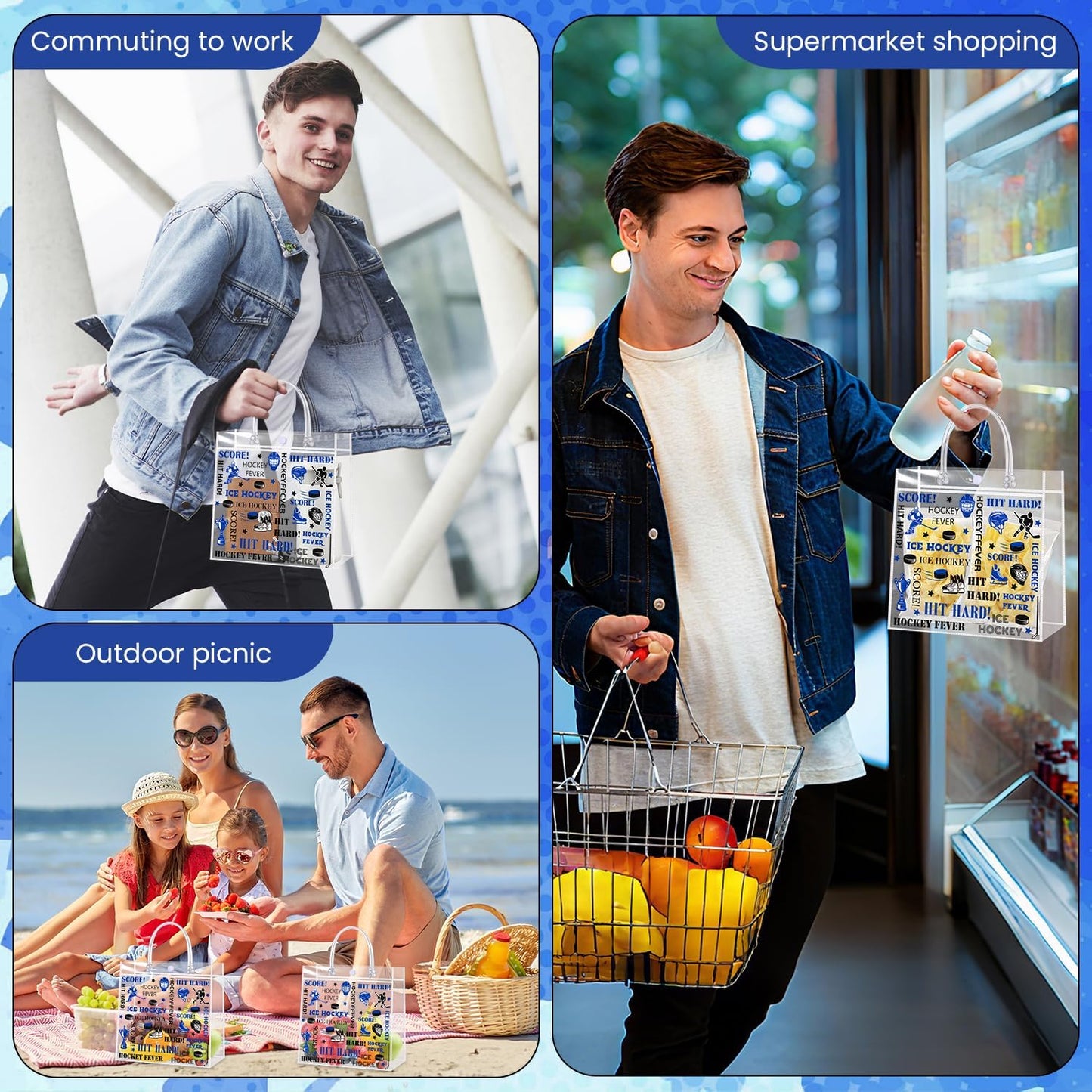 Liobelon 24 Pieces Transparent Ice Hockey Goodie Bags Hockey Clear PVC Gift Bag with Handles 7.9 x 7.9 x 3.1Inch Sport Theme Party Favor Bags for Birthday Holiday Sports Team Game Celebration