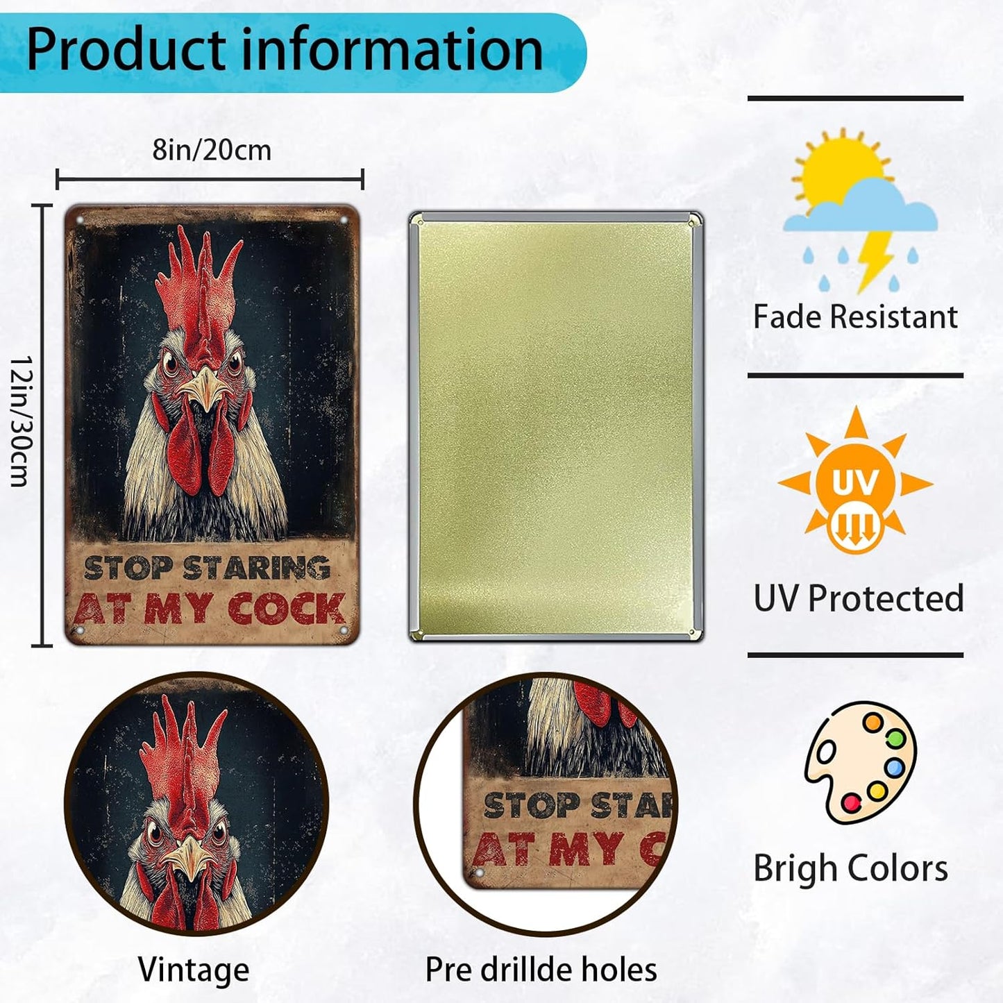 Vintage Farm Sign Chicken Stop Staring At My Cock Farmhouse Metal Tin Sign 12x8 Inch Home Wall Decor