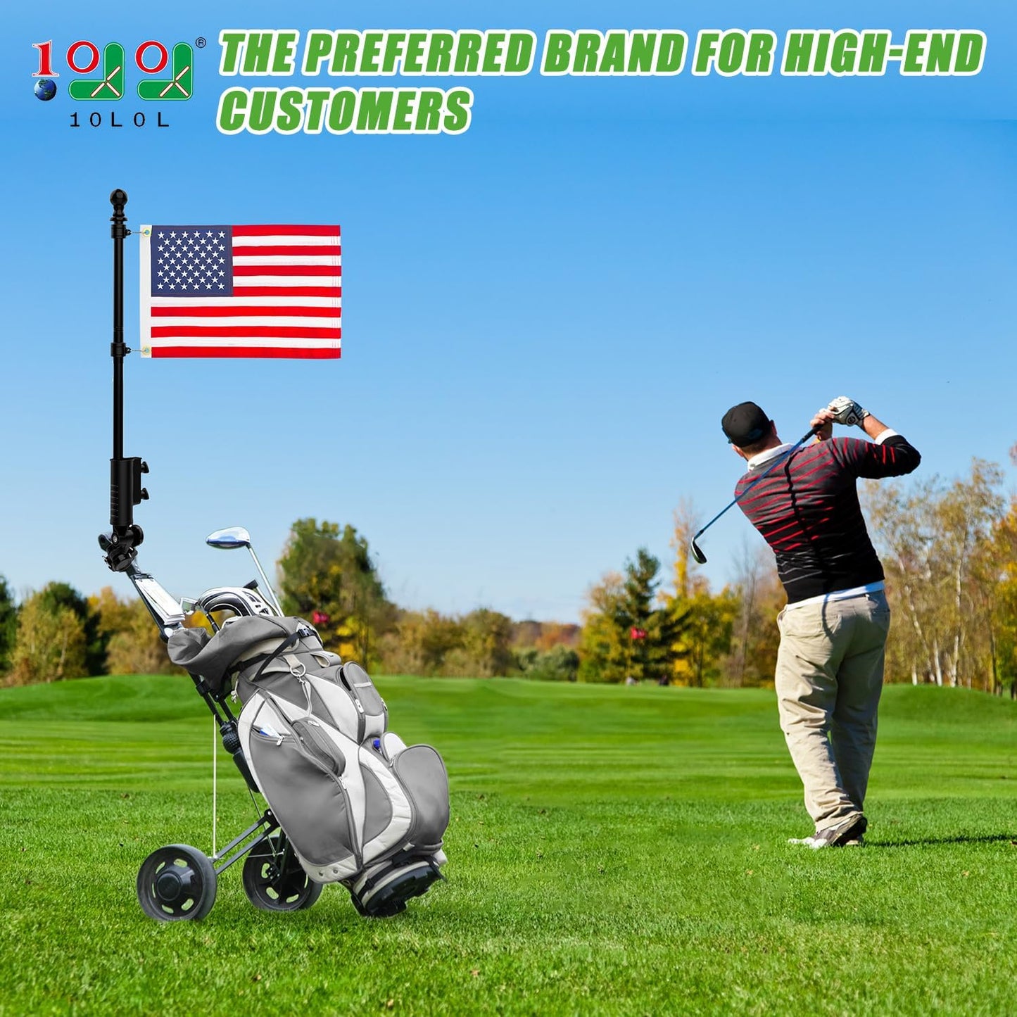 10L0L Golf Cart Flag Holder and Flag Pole Mount Kit Universal for Yamaha EZGO Club Car, Heavy Duty Bracket for Golf Cart, Golf Push Cart with USA Flags-12Inch×18Inch