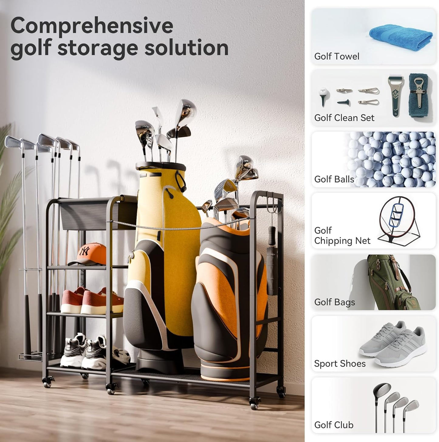 niffgaff Golf Bag Organizer Golfing Storage Stand for Garage Golf Bags Golfing Rack with Wheels Black