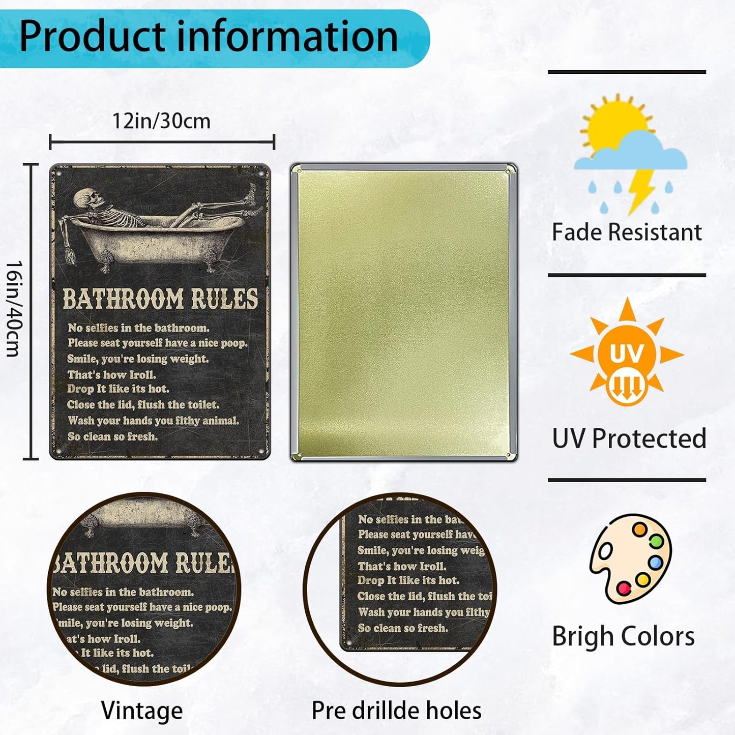 Funny Skull Bathroom Rules Metal Tin Sign Wall Decor - Vintage Bathroom Quote Tin Sign for Toilet Restroom Washroom Home Decor 12x16 Inch