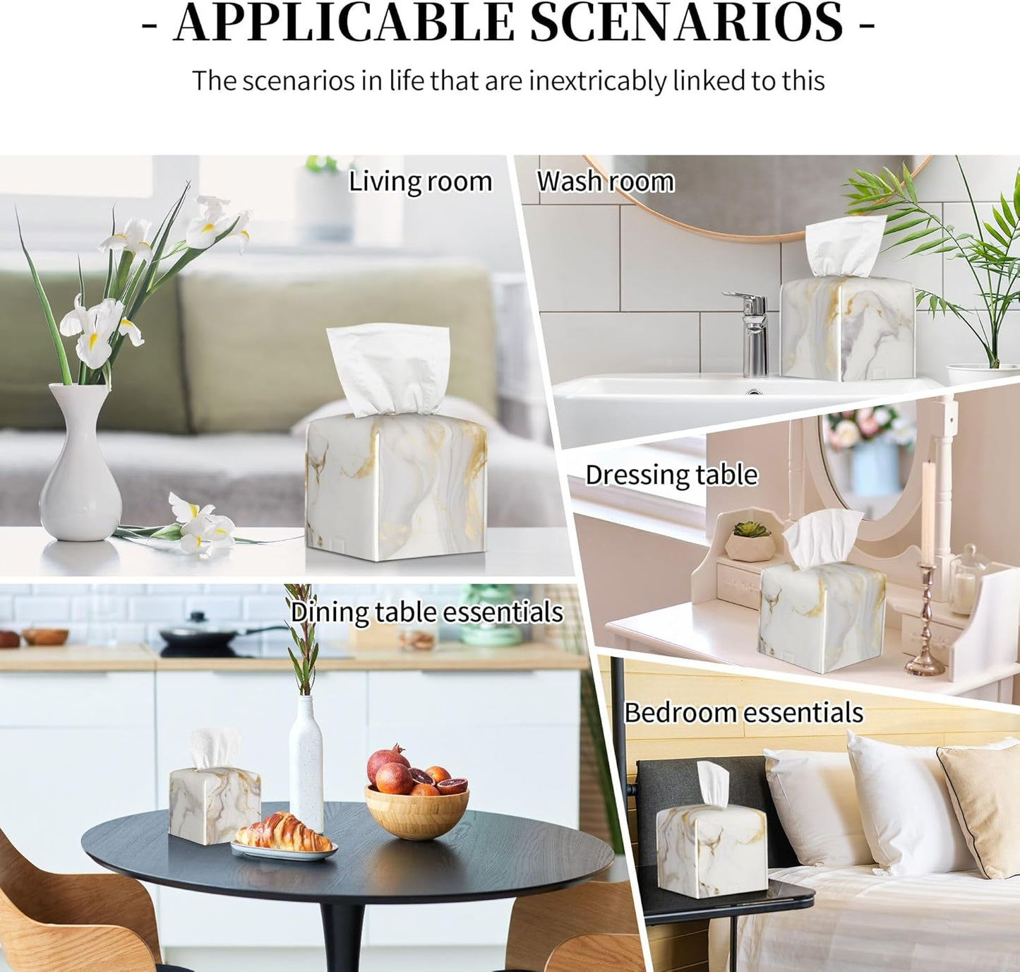 Tissue Box Cover,Grey Golden Marble Pu Leather Square Tissue Box Cover Case Organizer Cube Holder for Bathroom Vanity Countertop Night Stands Office Desk & Car 5.2X5.2X5.2''