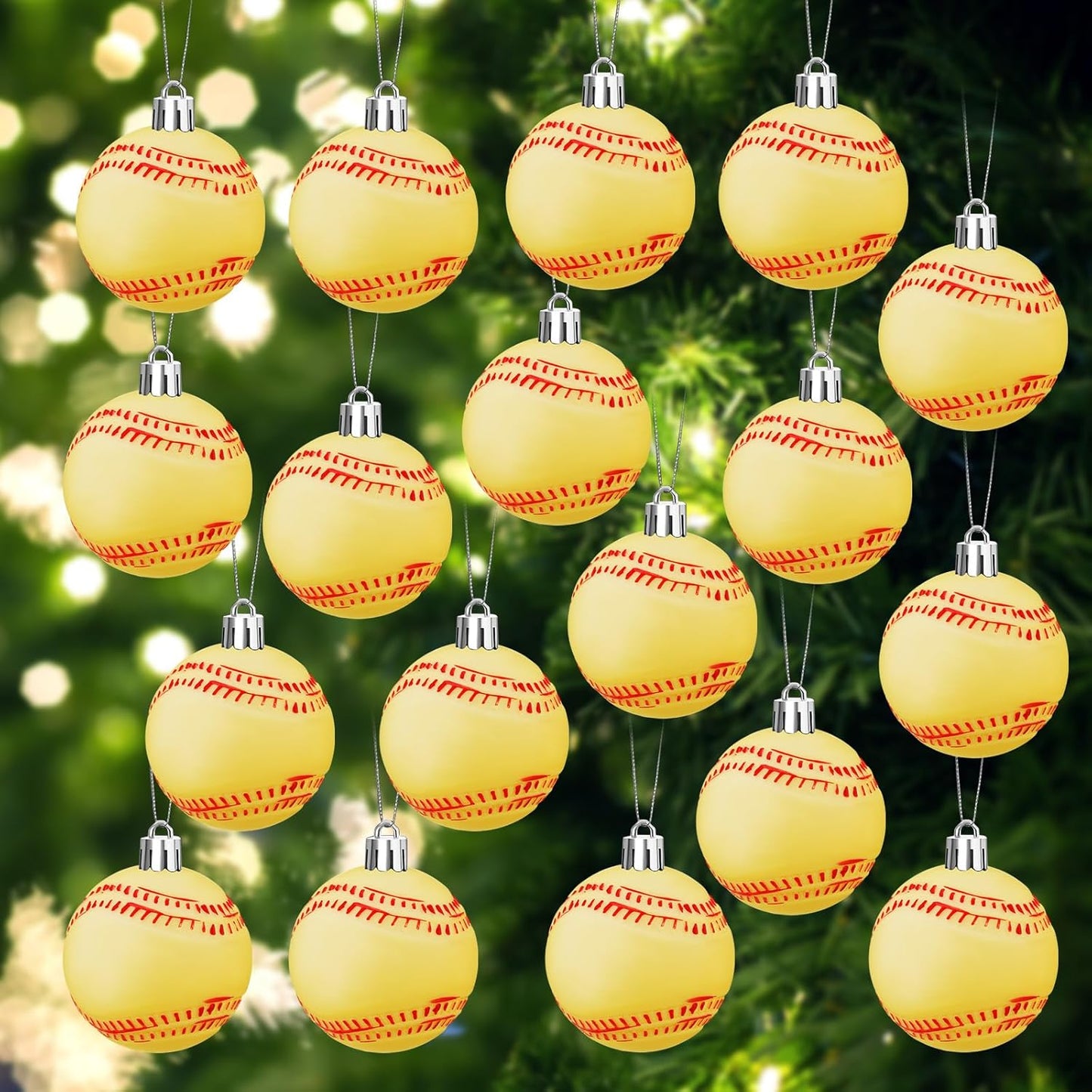 Leitee 18 Pcs Christmas Plastic Softball 2.36 Inch Xmas Tree Ornaments with Hanging Loop Sports Theme Decorative Hanging Ornaments for Holiday Party Christmas Tree Home