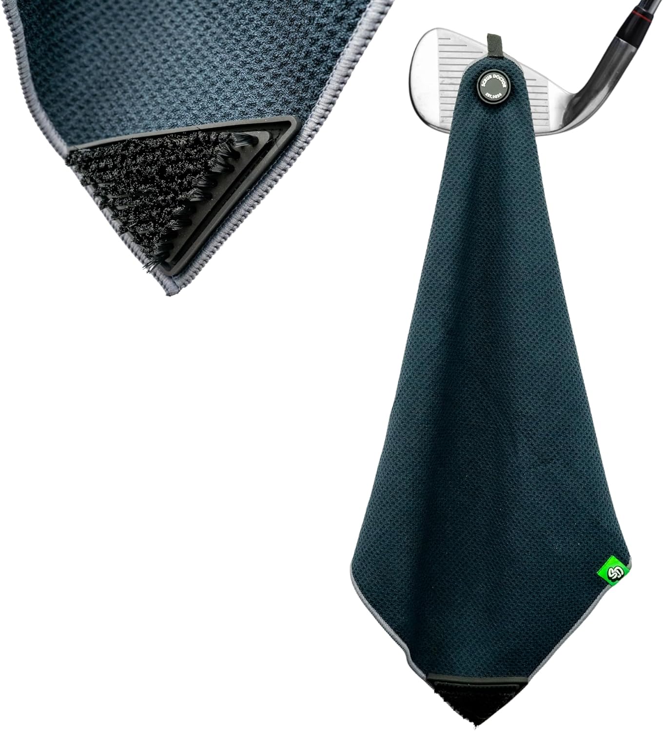 Scrub Doctor Golf Towel (Black) - Built-in Club Scrub Brush and Magnet - Clean Grooves - Magnetic for Strong Hold to Golf Carts or Clubs - Thick Premium Waffle Microfiber