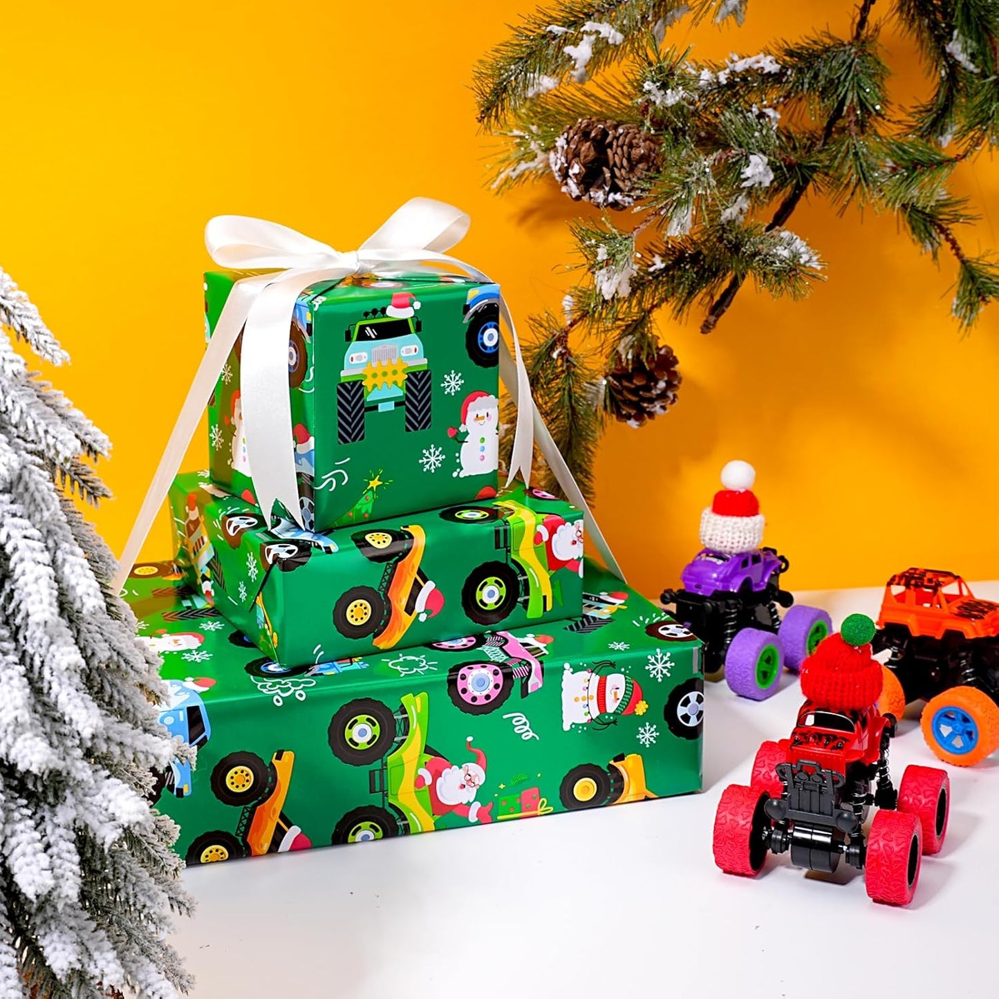 LaRibbons Monster Truck Christmas Wrapping Paper Mini Roll, Monster Truck, Santa and Christmas Trees Design, Fun Holiday Gift Wrap for Kids, Boys, Baby, 17" x 33'(46.7 sq. ft)