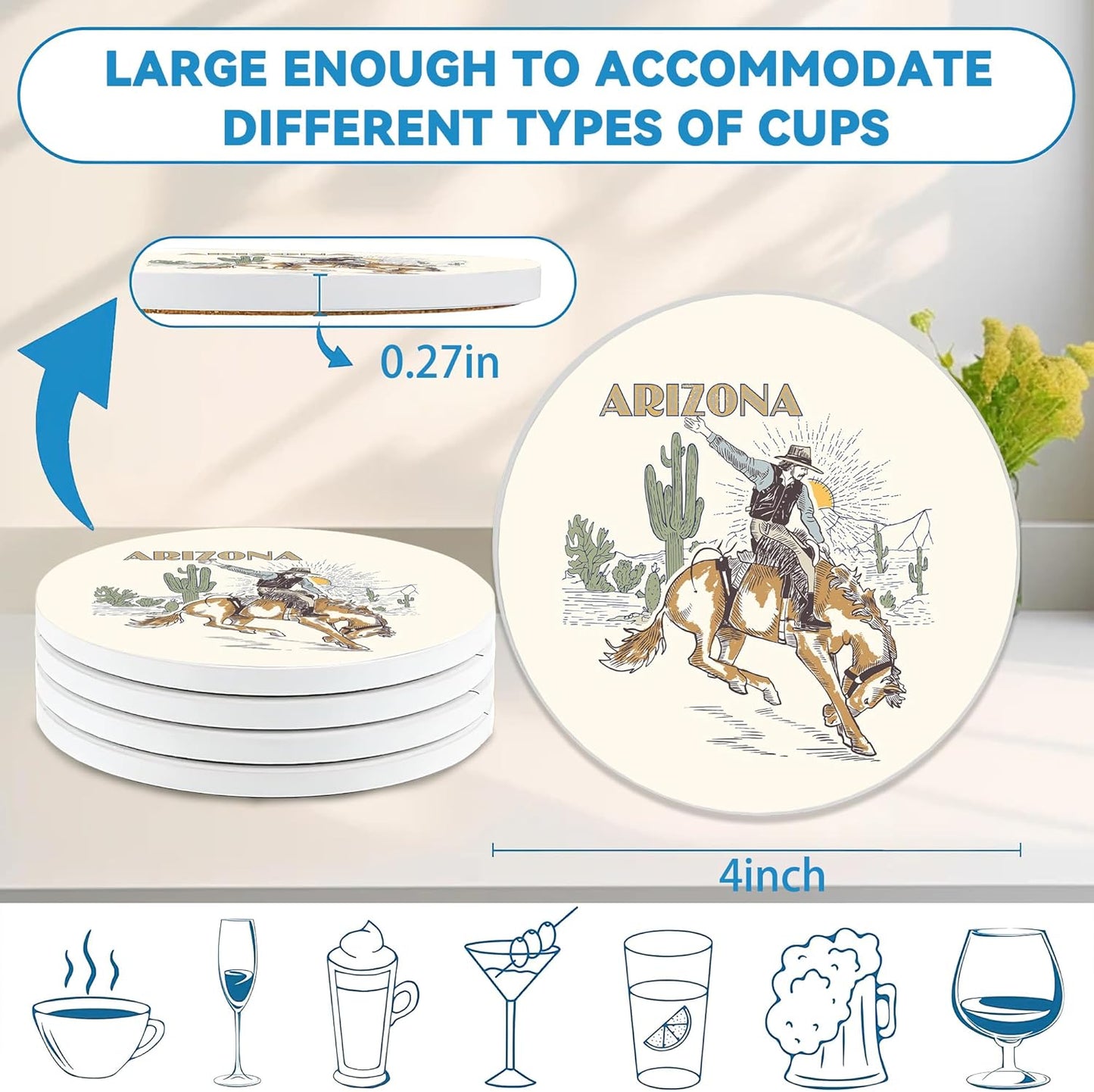Western Coasters Set of 4, Arizona Cow Boy Coaster with Cork Baking, Absorbent Ceramic Stone Coaster for Table Home Décor, Ideal Gifts for Women Men