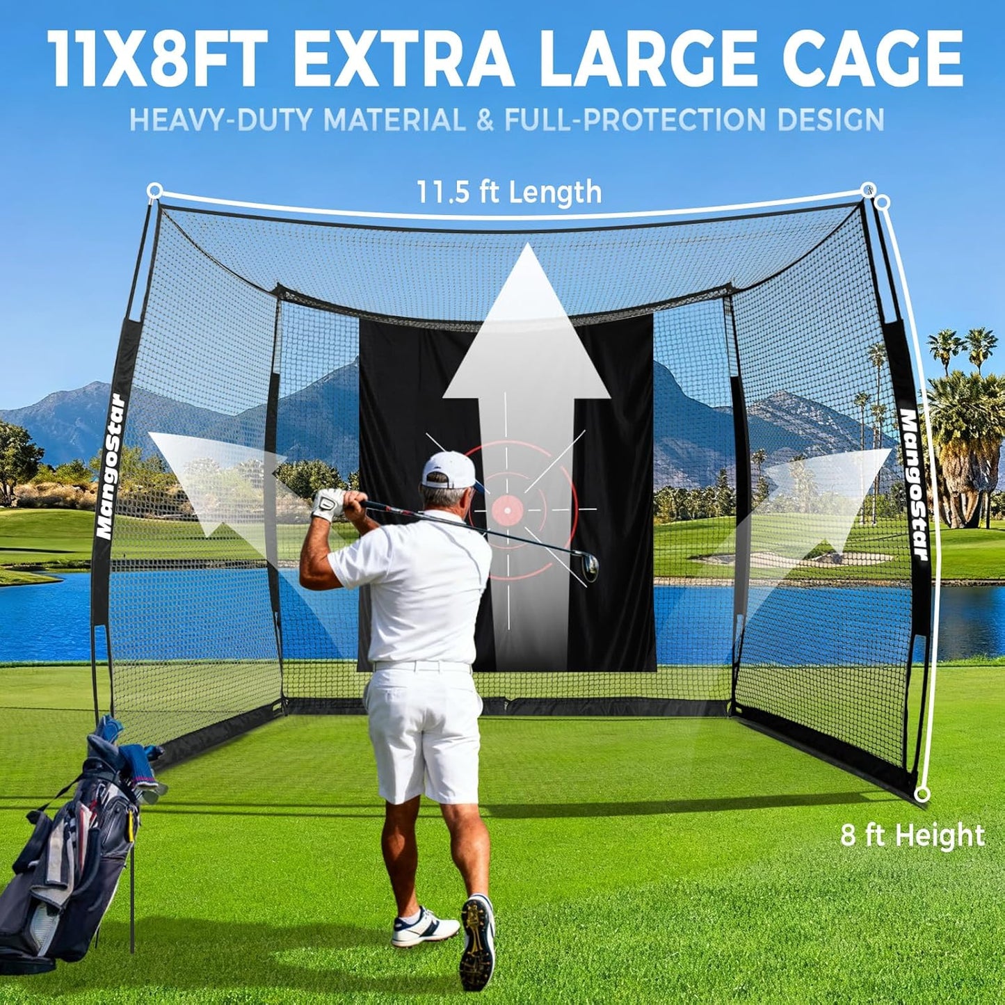 MangoStar Golf Net, 11x8ft Golf Simulators Hitting Net with High-Density Impact Screen and Target Cloth, Heavy Duty Practice Cage for Swing Driving, Home Backyard Garage Indoor Outdoor Use
