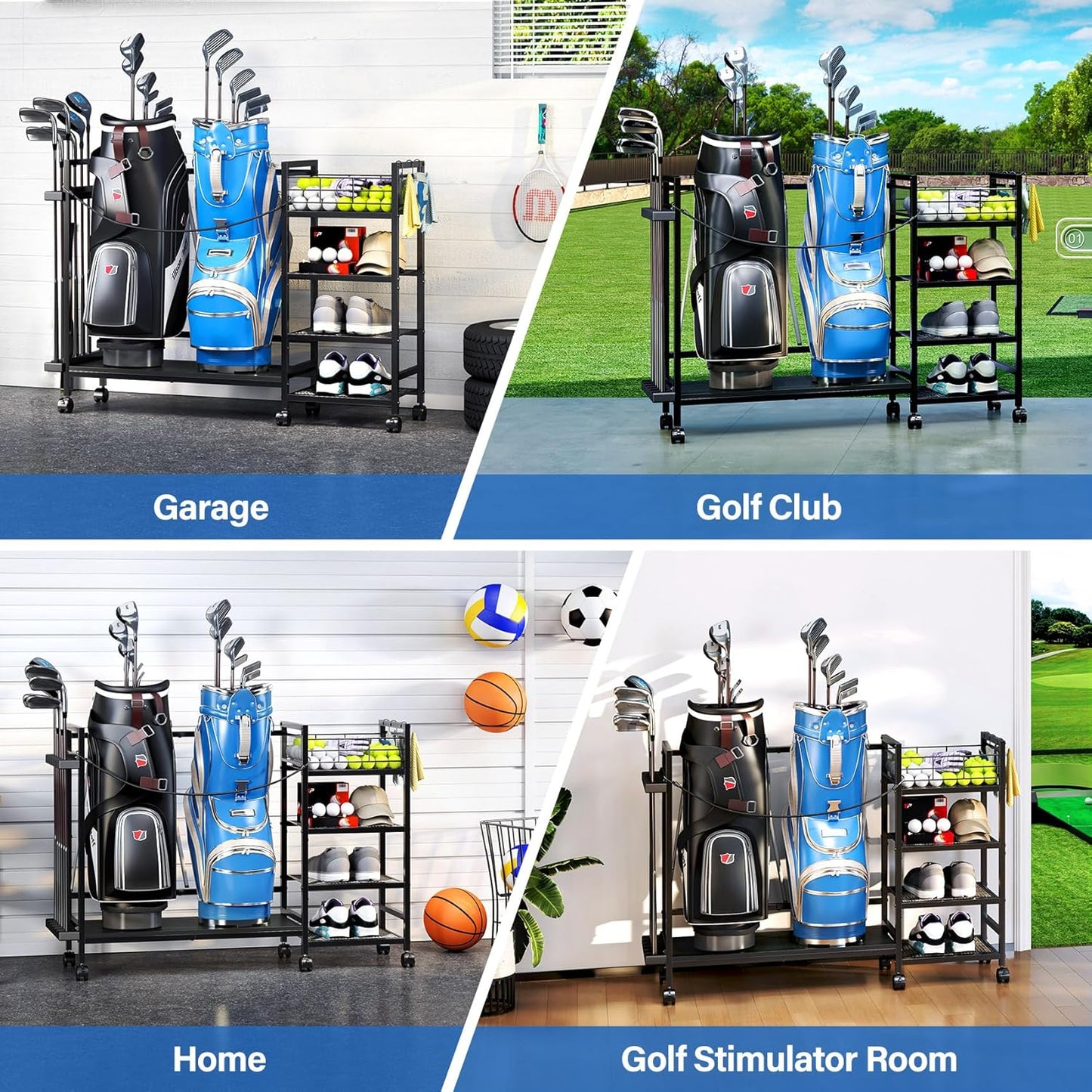 TC-HOMENY Golf Bag Storage Organizer for Garage, Golf Bag Stand with Wheels, Golf Bag Organizer for 2 Golf Bags, Golf Bag Accessories Storage Rack, Extra Golf Clubs Equipment Stand, Golf Bag Holder