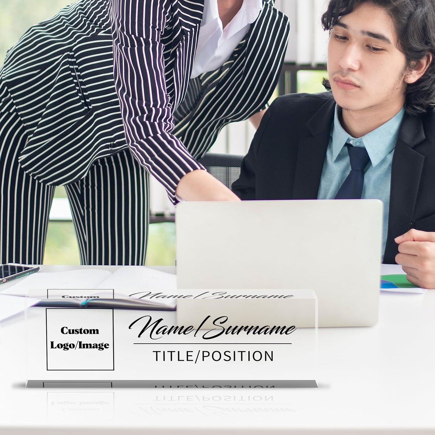 Personalized Name Plate for Desk Custom Acrylic Desk Name Plate Custom Employee Appreciation Gifts Office Gifts for Women, Men, Boss, Coworkers, Teacher, Nurse (Logo/Image)