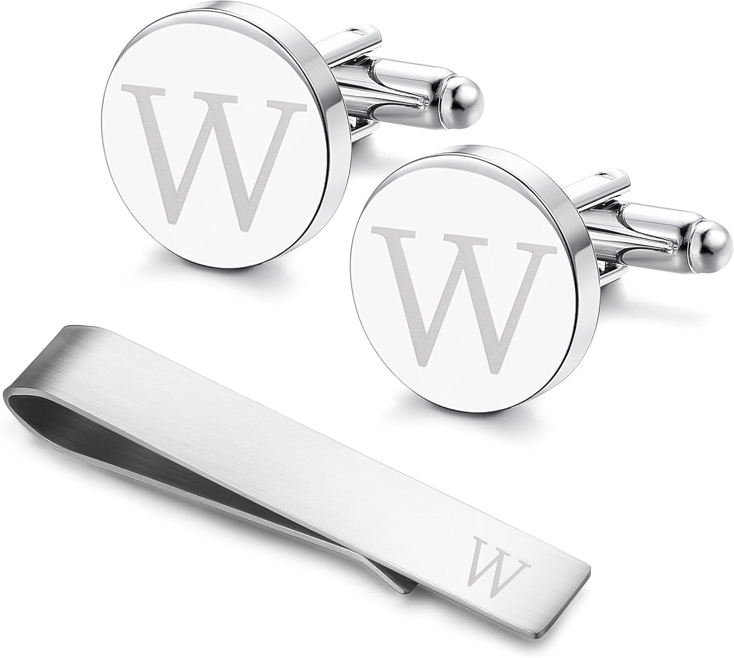 LOYALLOOK Stainless Steel Engraved Initial Cufflinks and Tie Clip Bar Set Alphabet Letter With Gift Box A-Z