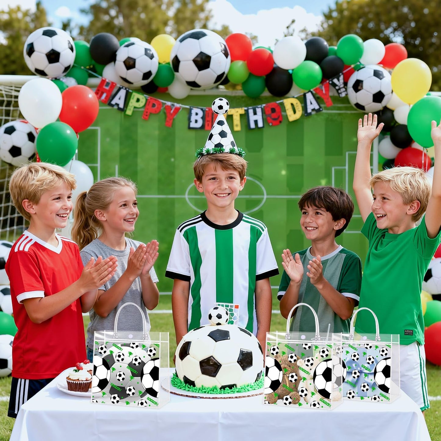 24 Pieces Clear Soccer Gift Bags with Handles Transparent PVC Soccer Goodie Bags 7.9 x 7.9 x 3.1Inch Sport Theme Party Favor Bag for Birthday Holiday Sports Team Events