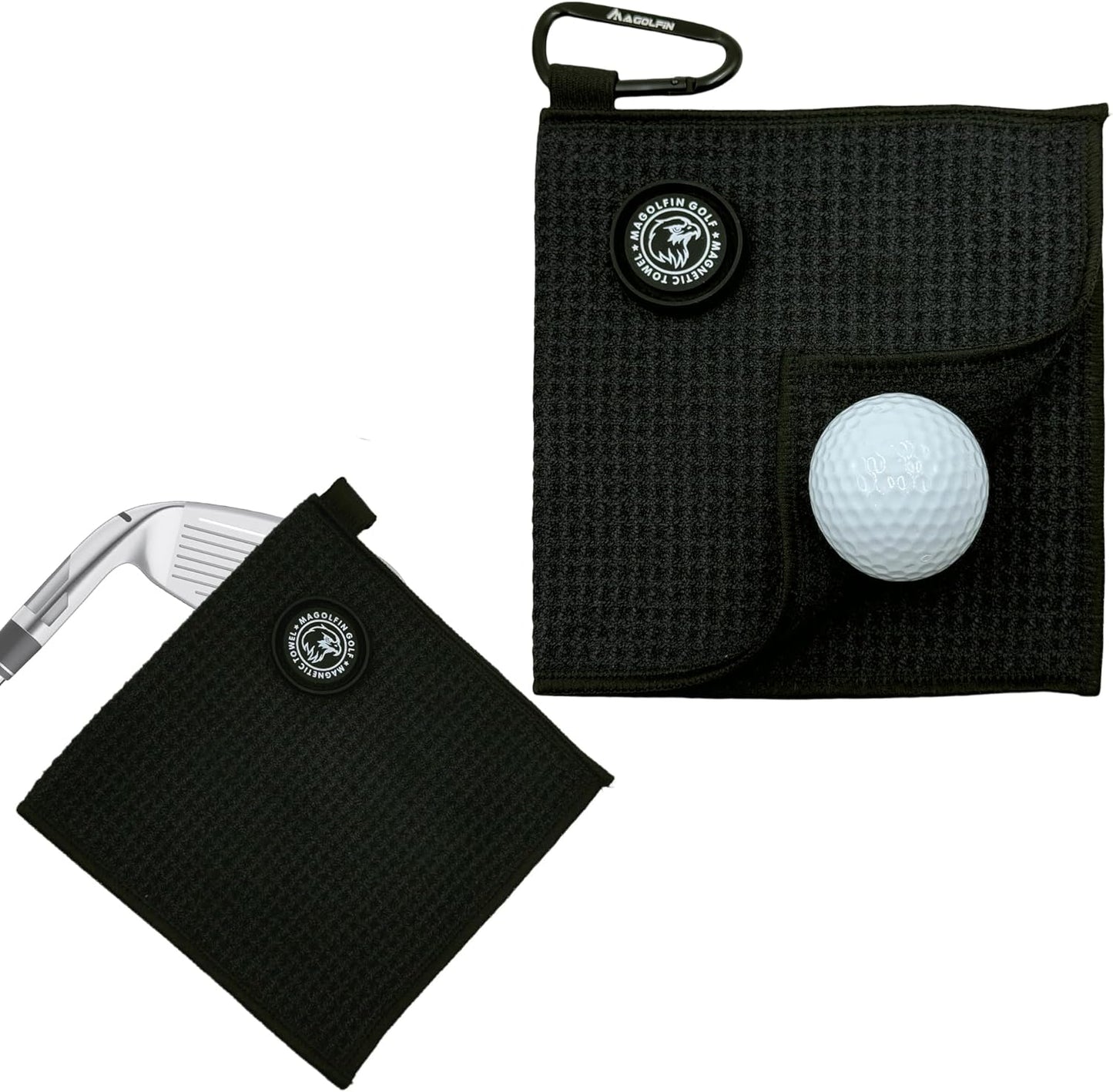 Small Magnetic Golf Towel with Clip, Microfiber Waffle Design - Industrial Strength Magnet for Glof Balls, Golf Bags, Carts Clubs - Black