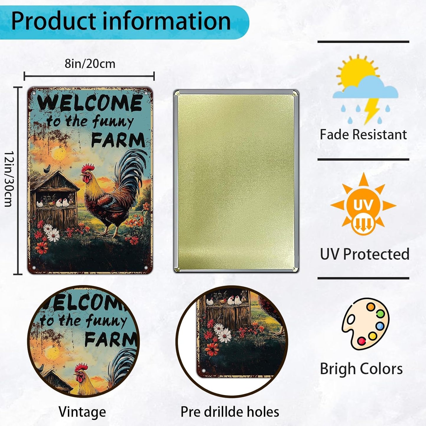 Vintage Chicken Coop Metal Signs Welcome To My Funny Farm Sign Retro Aluminum Sign For Home Garden Outdoor Yard Farmhouse 12x8 Inch