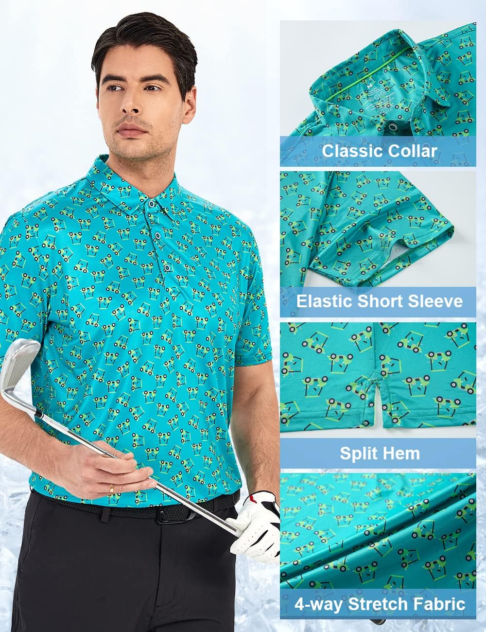 Hodaweisolp Golf Shirts for Men Dry Fit Print Moisture Wicking Performance Short Sleeve Polo Shirt