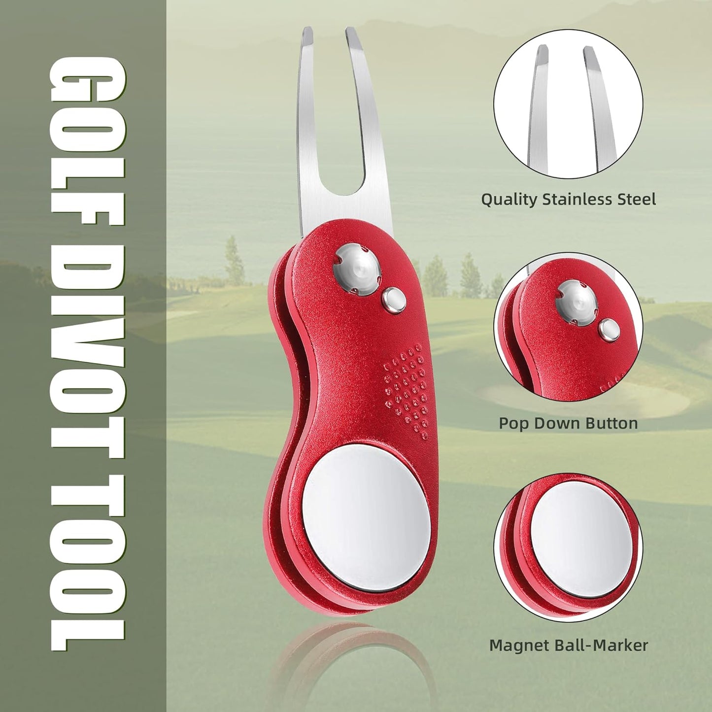Mile High Life Golf Divot Repair Tool, All Metal Foldable Divot Tool with Pop-up Button & Magnetic Ball Marker
