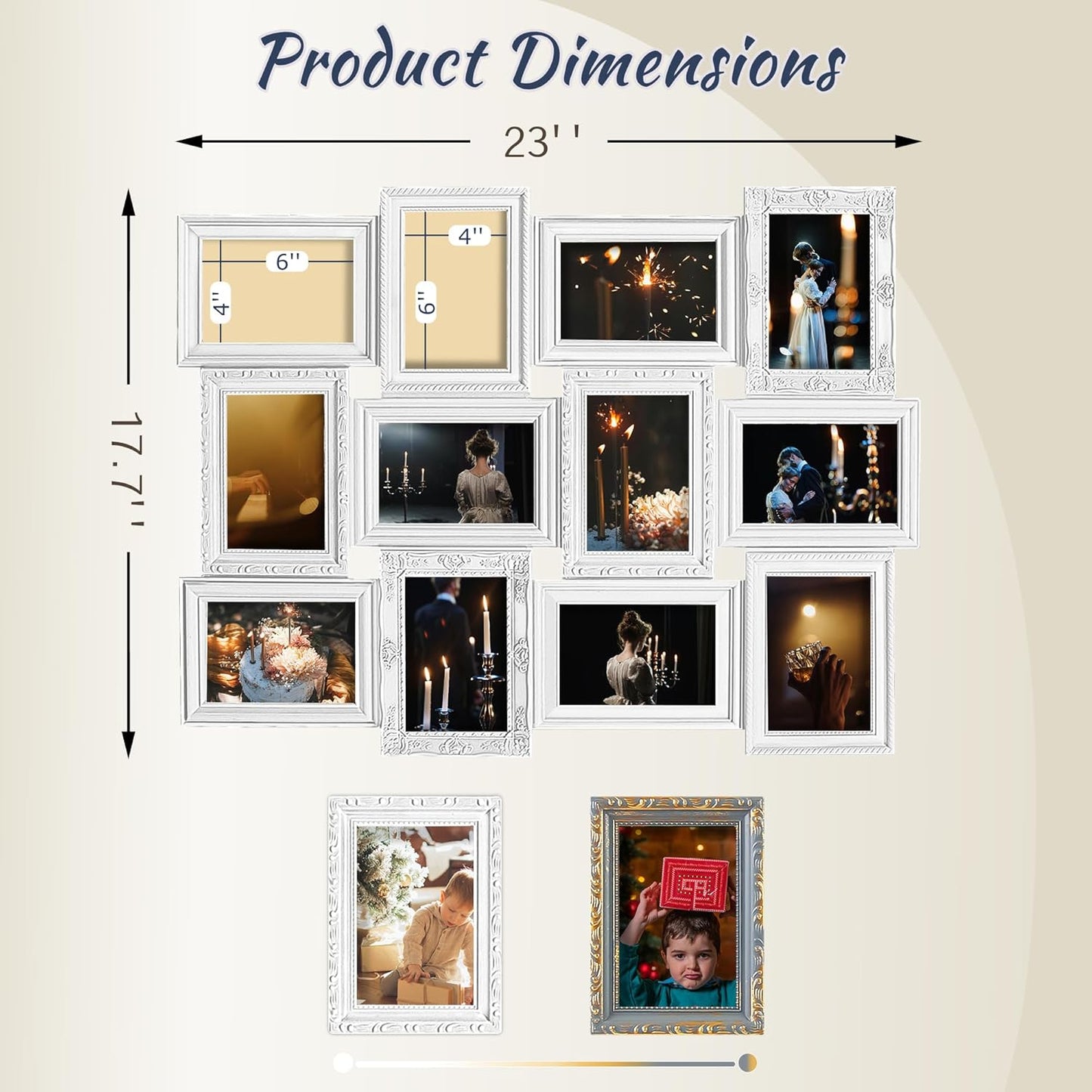 Jerry & Maggie 12 Opening Collage Photo Frame Rustic 23×18 Vintage Embossed Finish PVC Picture Frames Selfie Gallery Collage Wall Hanging For 6×4 Photo, White